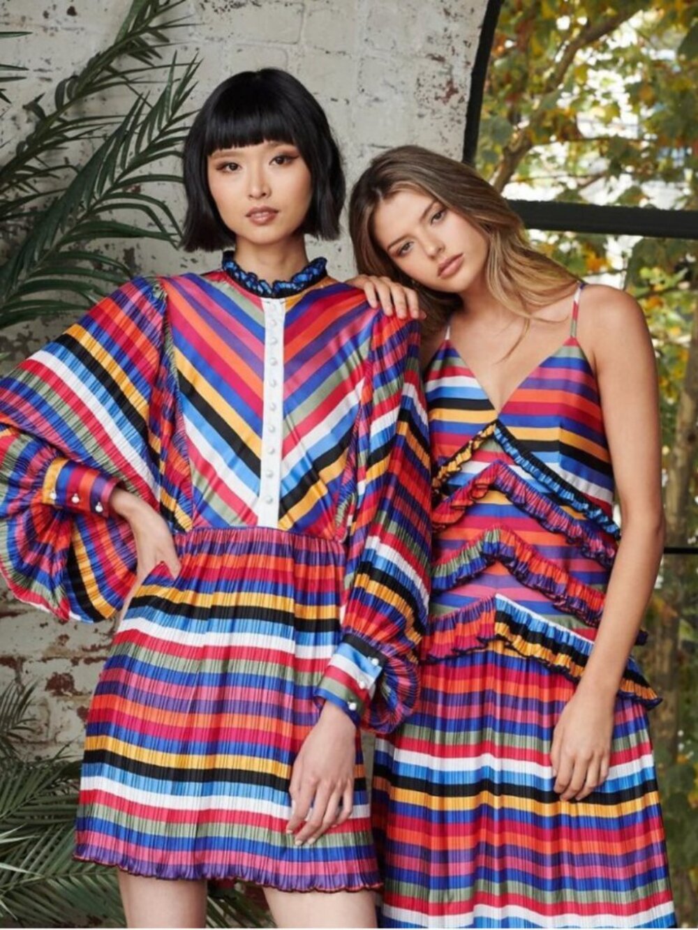 Elliatt Sodality Pleated Blouson Sleeve Mini Dress in Red Striped Multi